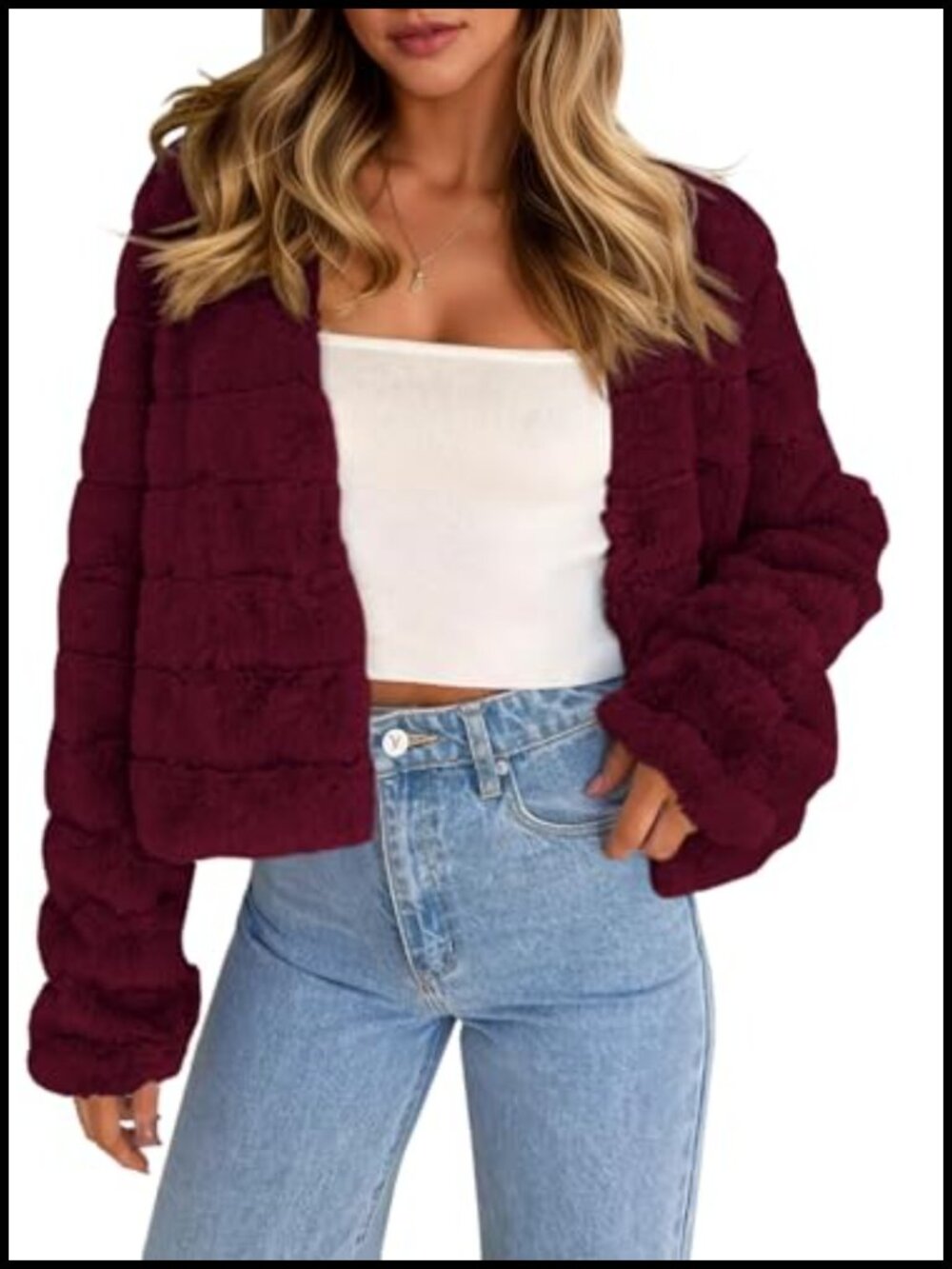Womens Cropped Faux Fur Jacket Long Sleeve Open Front Fluffy Short Coat